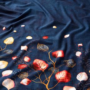 French Terry Bordürenstoff Herbstblätter | Glitzerpüppi – marineblau/pfirsichorange, 