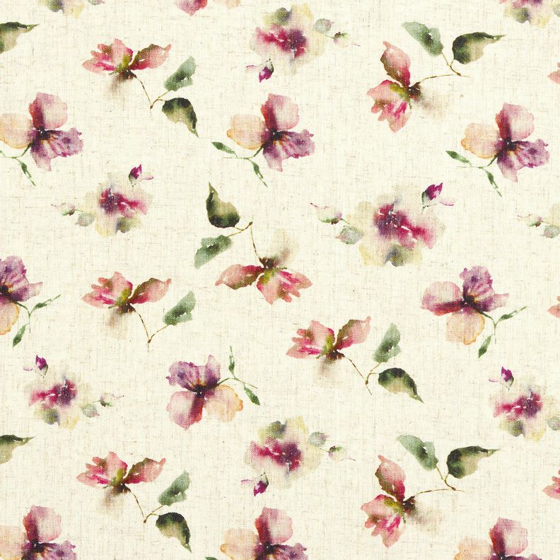 Viskose-Leinen-Mix Aquarellblumen – natur/traube,  image number 1