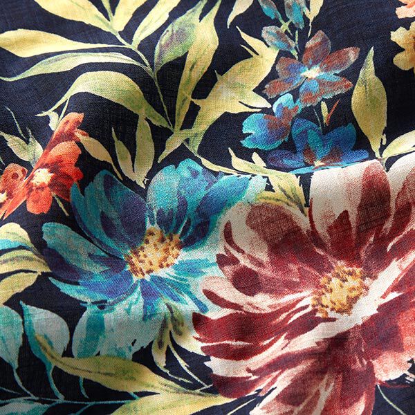 Baumwoll-Viskose-Mix Blumenbouquet – marineblau | Reststück 50cm