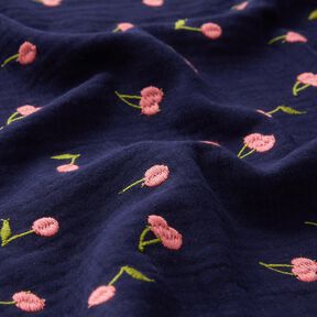 Musselin/ Doppel-Krinkel Gewebe gestickte Kirschen | Poppy Fabrics – nachtblau/rosa, 