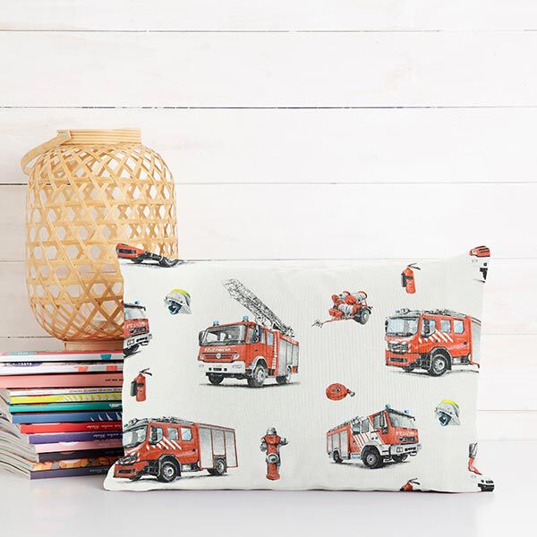 Baumwollstoff Cretonne Feuerwehr – weiss/rot | Reststück 50cm
