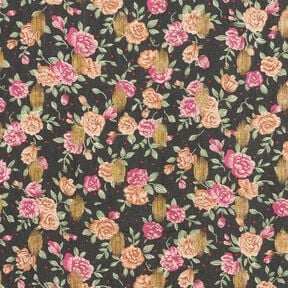 Crêpe Chiffon Blumen und Goldpunkte – schwarz, 