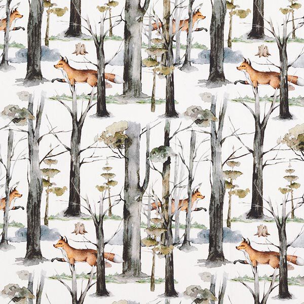 Baumwollpopeline Fuchs im Wald Digitaldruck – weiss