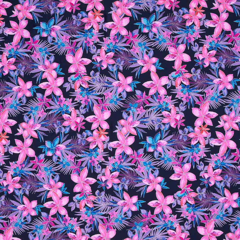 Badeanzugstoff tropische Blumen – marineblau/pink,  image number 1