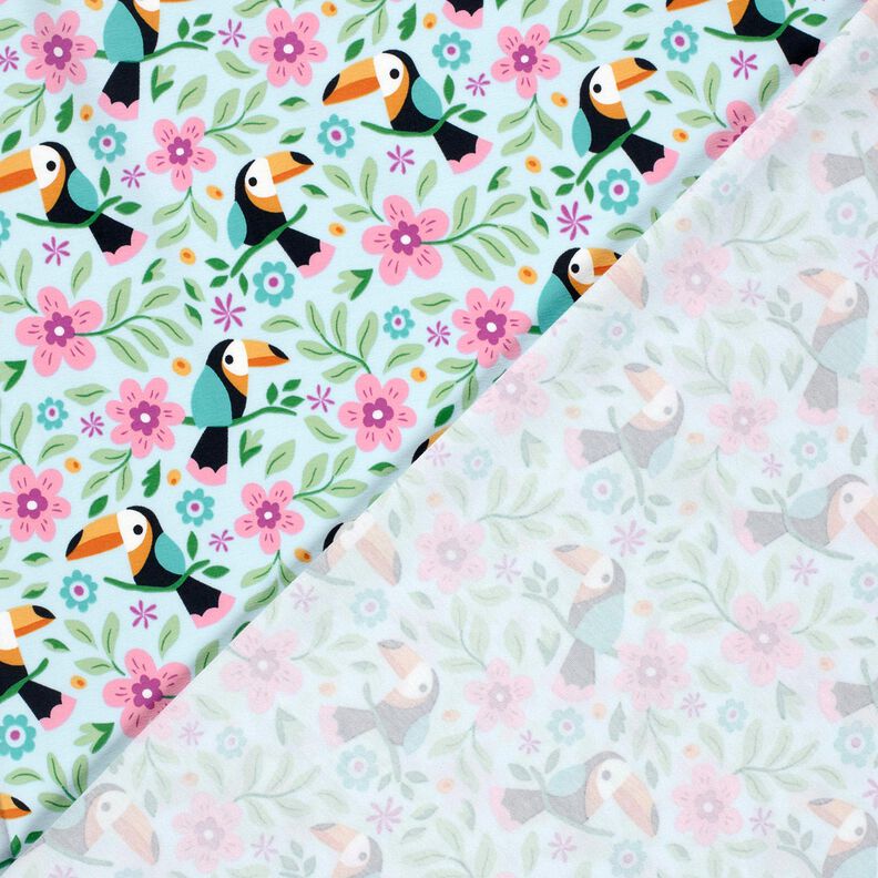 Baumwolljersey Tukane im Blumen-Dschungel – babyblau/orange,  image number 4