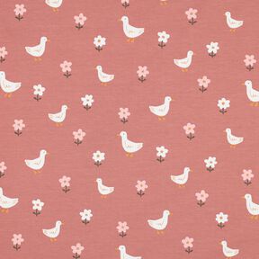 Baumwolljersey Gänse auf der Blumenwiese | Poppy Fabrics – dunkelaltrosa/weiss, 