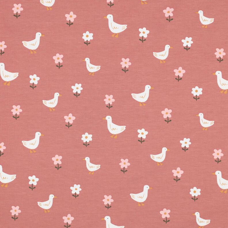 Baumwolljersey Gänse auf der Blumenwiese | Poppy Fabrics – dunkelaltrosa/weiss, image number 1
