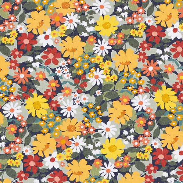 Baumwolljersey Blumenwiese – nachtblau/orange