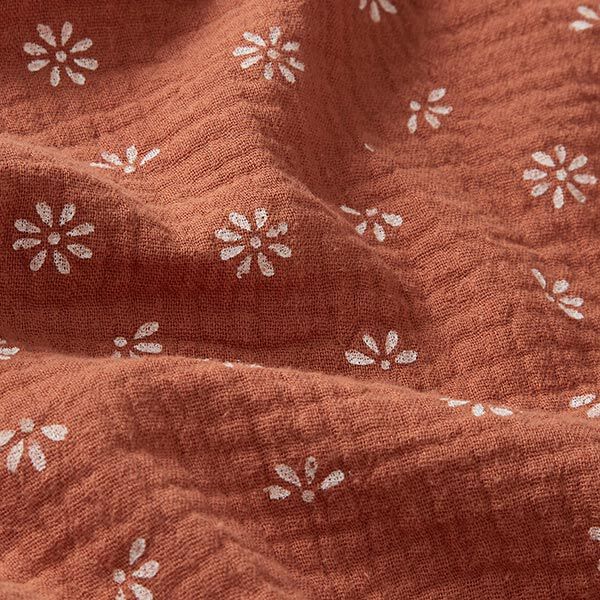Musselin/ Doppel-Krinkel Gewebe stilisierte Margeriten – terracotta/weiss | Reststück 50cm