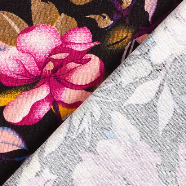 Viskosejersey wunderschöne Blumen – schwarz/violett | Reststück 120cm