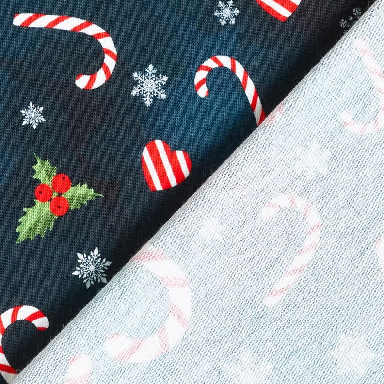 French Terry Sommersweat Candy Cane Herzen | Glitzerpüppi – nachtblau/chili, image number 4