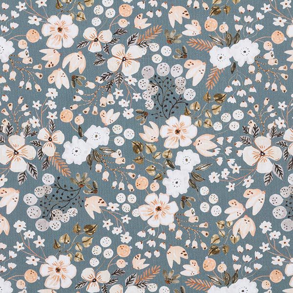 Baumwollpopeline Aquarell Blumen Digitaldruck – blaugrau | Reststück 100cm