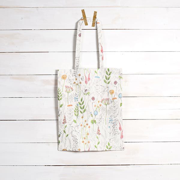 Dekostoff Halbpanama gezeichnete Wildblumen – weiss/rosa | Reststück 100cm