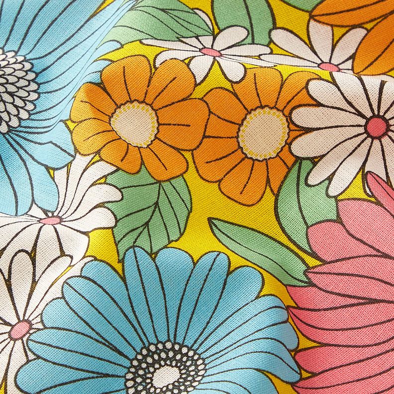 Baumwollstoff Cretonne große Retroblumen – türkis/sonnengelb,  image number 2