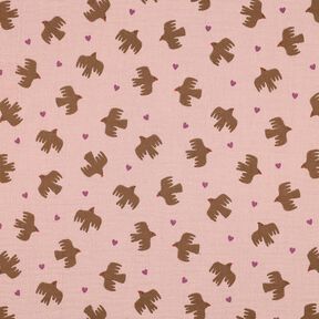 GOTS Musselin/ Doppel-Krinkel Gewebe Vögel und Herzen | Poppy Fabrics – altrosa, 