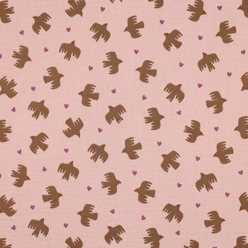 GOTS Musselin/ Doppel-Krinkel Gewebe Vögel und Herzen | Poppy Fabrics – altrosa, image number 1