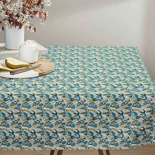 Baumwollstoff Cretonne Blumenwiese – weiss/hellpetrol | Reststück 100cm