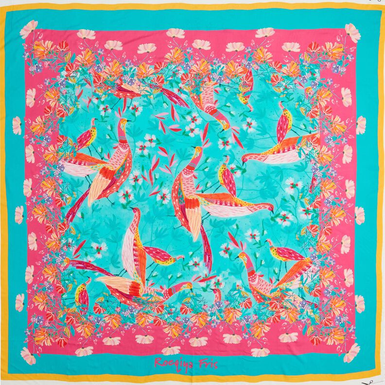 Beachwear Panel Pareo Pfauen und Blumen – aquablau/intensiv pink, image number 1