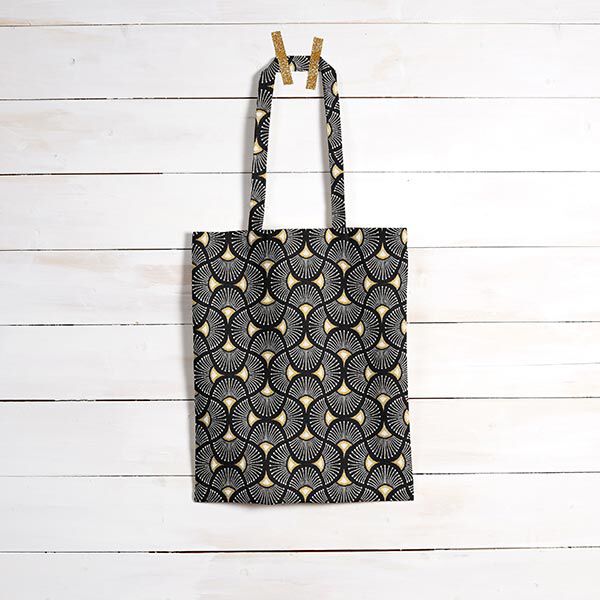 Dekostoff Jacquard kleine Fächer – schwarz/gold | Reststück 100cm