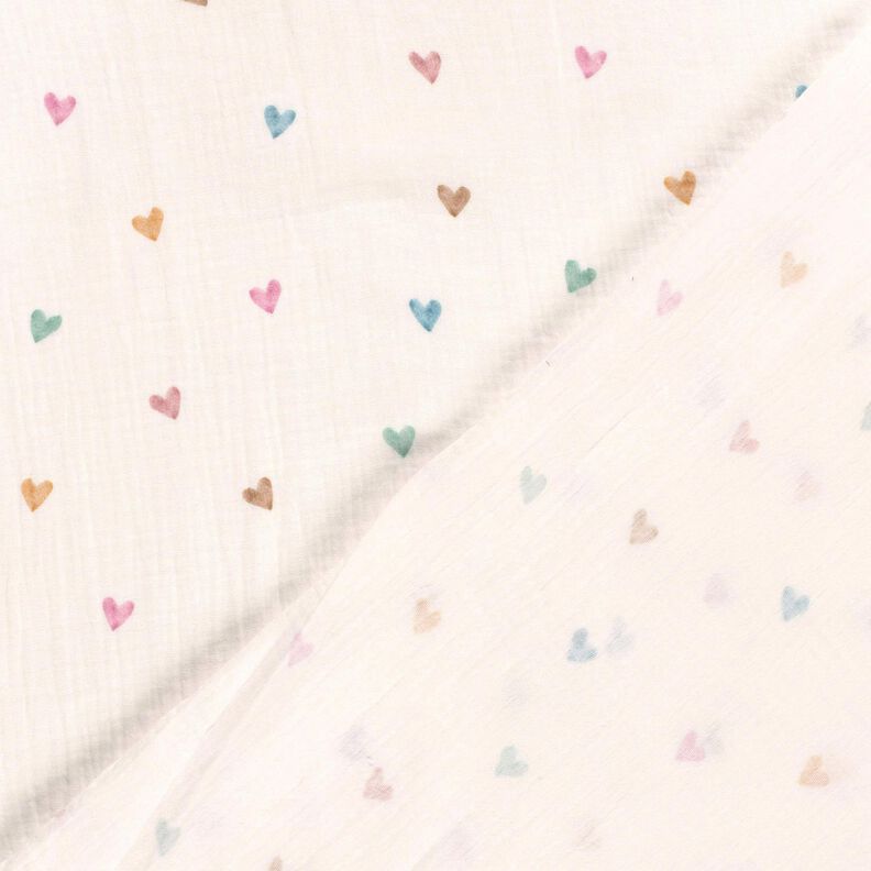 Musselin/ Doppel-Krinkel Gewebe bunte Herzen Digitaldruck – weiss,  image number 4