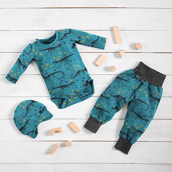 Baumwolljersey Dino-Skelette – petrol