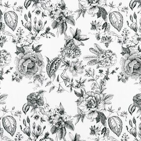 Dekostoff Halbpanama pittoreske Blumen – weiss/schwarz, 
