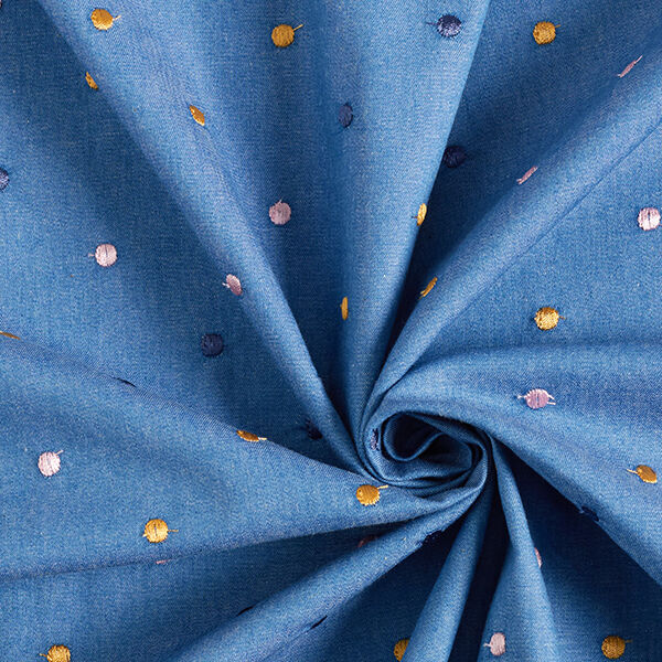 Chambray aufgestickte Punkte – jeansblau | Reststück 50cm