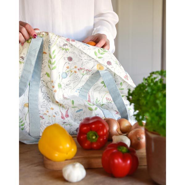 Dekostoff Halbpanama gezeichnete Wildblumen – weiss/rosa | Reststück 100cm