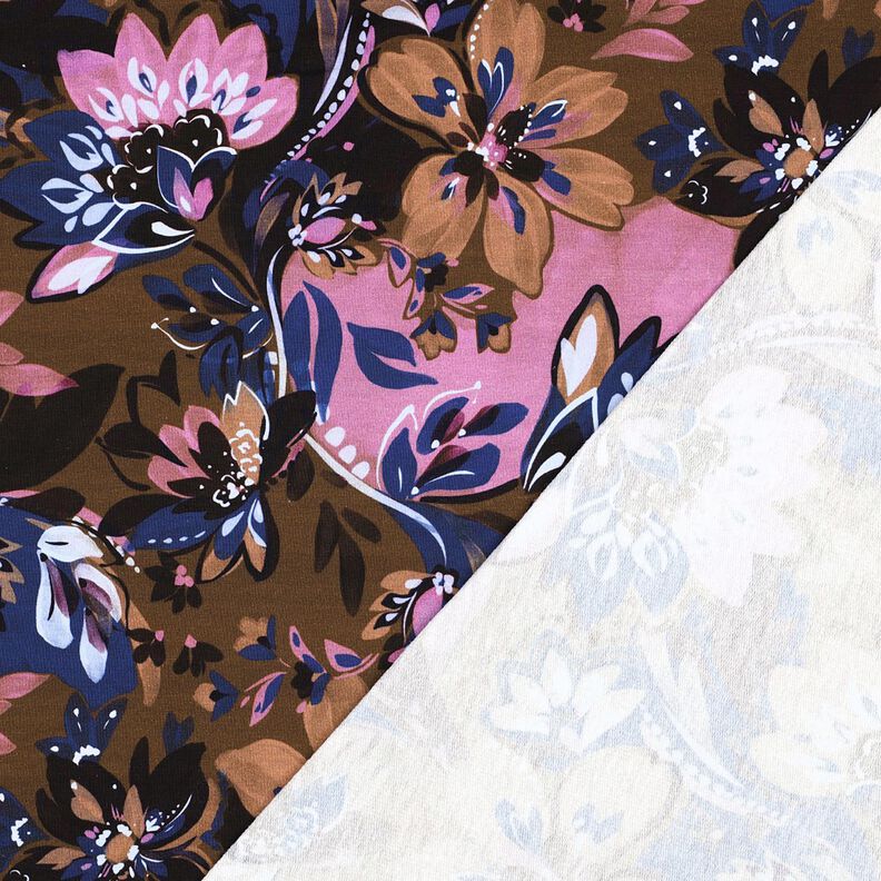 French Terry Sommersweat gemalte Blumen Digitaldruck – indigo/maronenbraun, image number 4