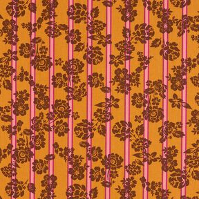 Baumwollstoff Cretonne Blumen auf Streifen – currygelb/purpur, 