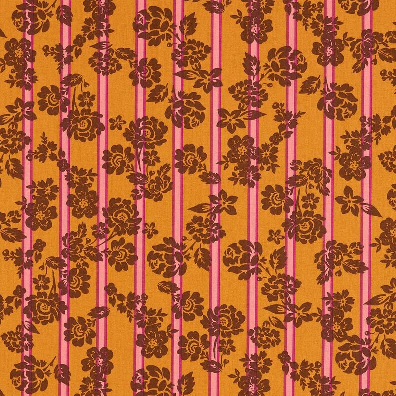 Baumwollstoff Cretonne Blumen auf Streifen – currygelb/purpur, image number 1