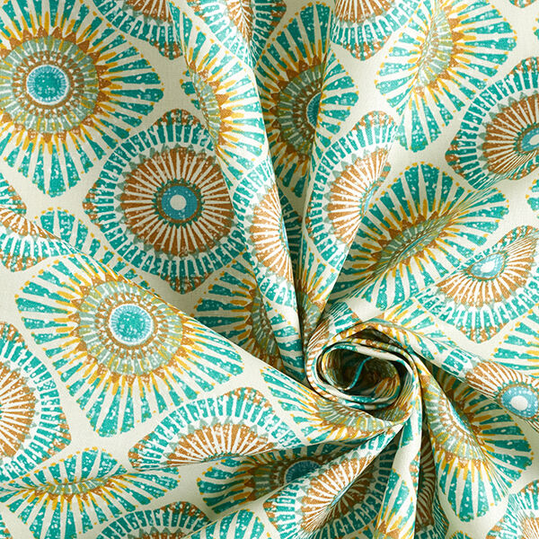 Beschichtete Baumwolle Ethno – hellbeige/grün | Reststück 100cm