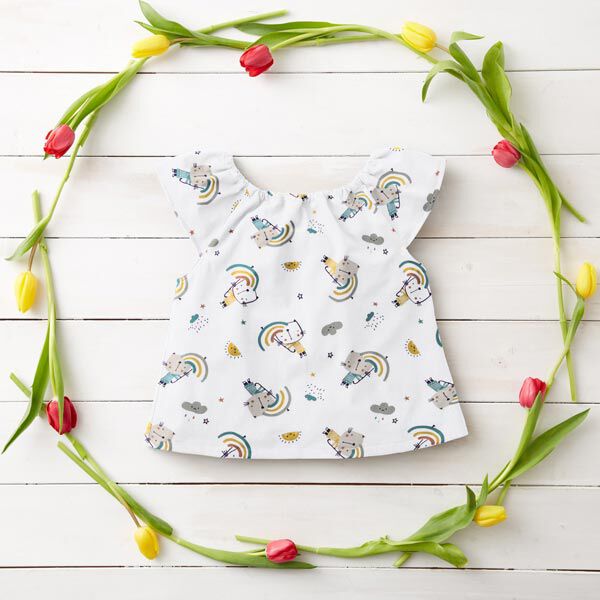 Baumwollstoff Cretonne Katzen mit Regenbogen-Schirmen – weiss, image number 5