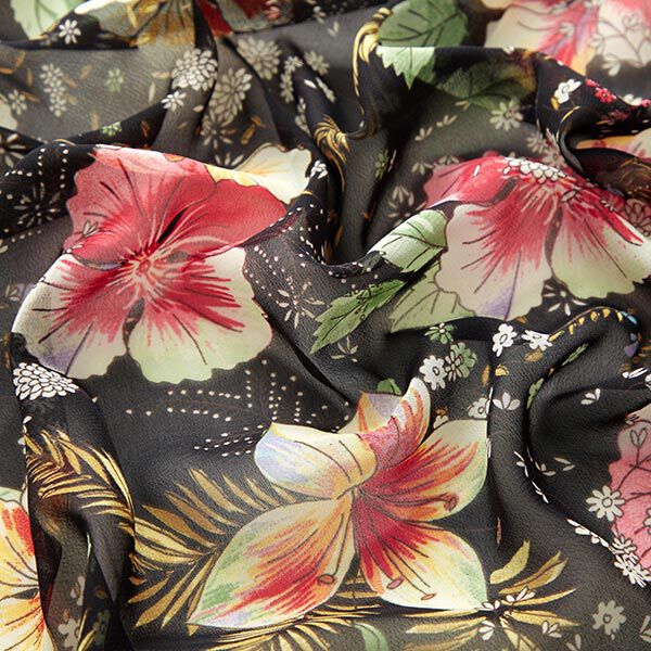 Chiffon exotische Blumen – schwarz | Reststück 50cm