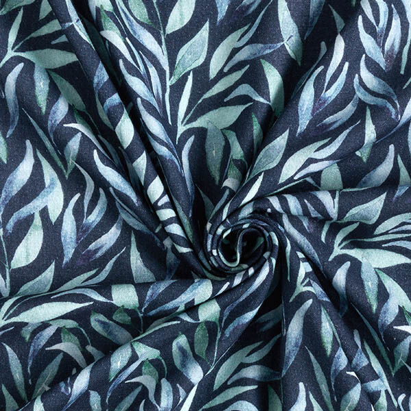 Musselin/ Doppel-Krinkel Gewebe Aquarell Blätter Digitaldruck – marineblau, image number 3