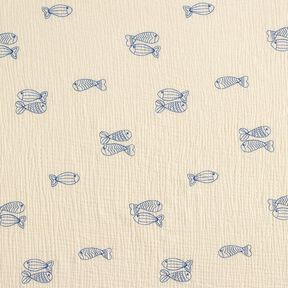 Musselin/ Doppel-Krinkel Gewebe gestickte Fische | Poppy Fabrics – wollweiss/königsblau, 