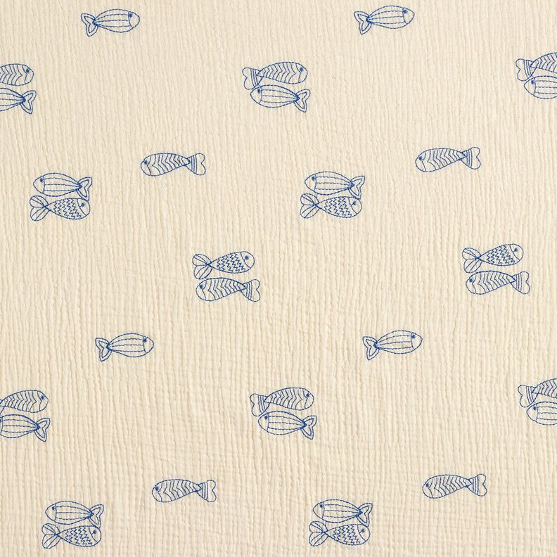 Musselin/ Doppel-Krinkel Gewebe gestickte Fische | Poppy Fabrics – wollweiss/königsblau,  image number 1