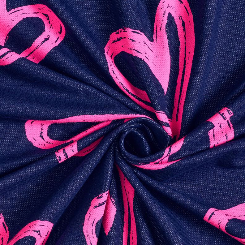 French Terry Sommersweat Jeanslook Neon Herzen – nachtblau/neonpink,  image number 3