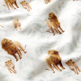 GOTS Baumwolljersey Löwen und Blätterranken Digitaldruck – wollweiss, 