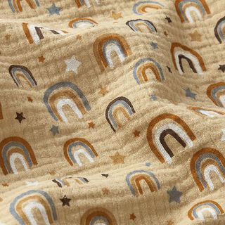 Musselin/ Doppel-Krinkel Gewebe Regenbögen und Sterne – beige, 