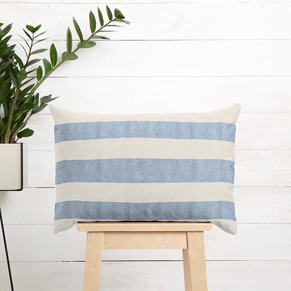 Dekostoff Halbpanama breite Querstreifen – blau/natur | Reststück 50cm