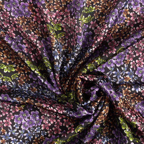 Blusensatin plissiert Millefleurs – schwarz | Reststück 100cm