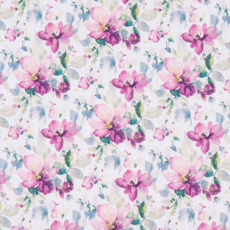 Musselin/ Doppel-Krinkel Gewebe Aquarellblumen Digitaldruck | by Poppy weiss/purpur,  image number 1