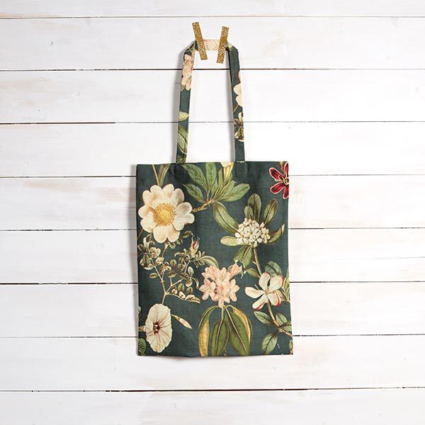 Dekostoff Canvas nostalgische Blüten – dunkelgrün | Reststück 50cm