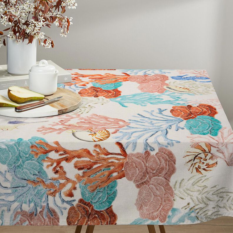 Dekostoff Halbpanama bunte Korallen – helltaupe/aquablau,  image number 8