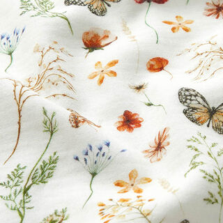 GOTS Musselin/ Doppel-Krinkel Gewebe Blumenwiese mit Schmetterlingen Digitaldruck – wollweiss, 
