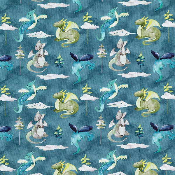 Baumwolljersey Aquarell-Drachen Digitaldruck – ozeanblau | Reststück 50cm