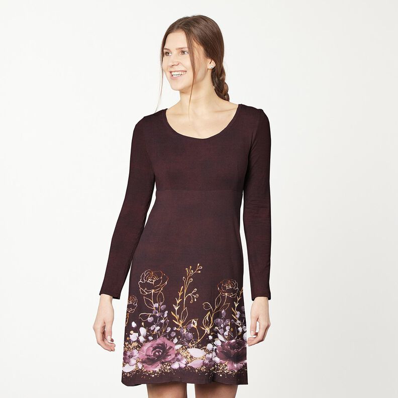 Baumwolljersey Bordürenstoff Blumen im Goldglitzer | Glitzerpüppi – bordeauxrot/pastellflieder, image number 6