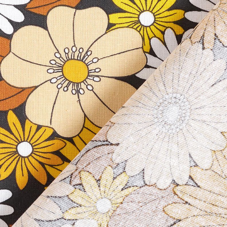 Baumwollstoff Cretonne große Retroblumen – schwarz/sonnengelb, image number 4