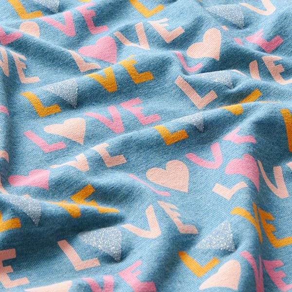 Baumwolljersey Glitzer-Love – stahlblau/silber | Reststück 50cm